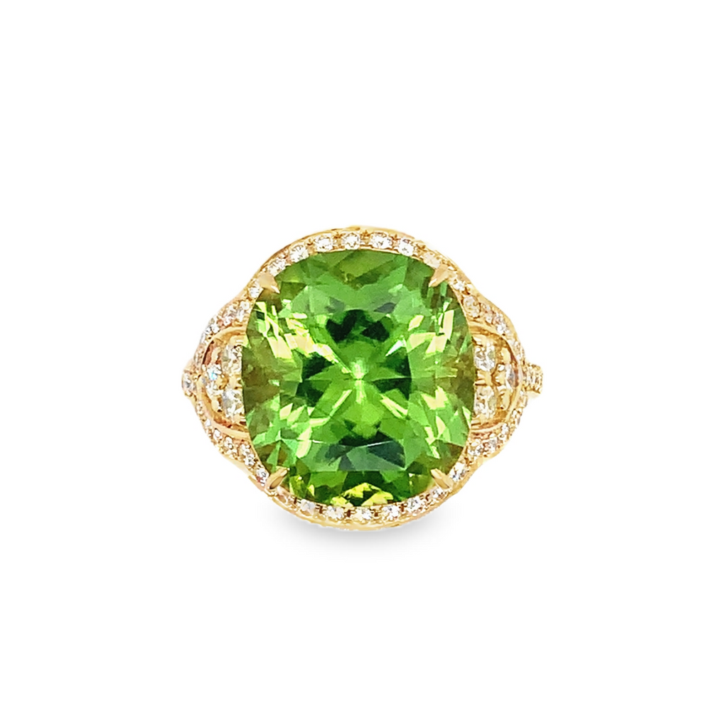 ASBA Collection One of a Kind Gem Quality Cushion Cut Peridot Ring set 14K Yellow Gold - Image 1 of 9