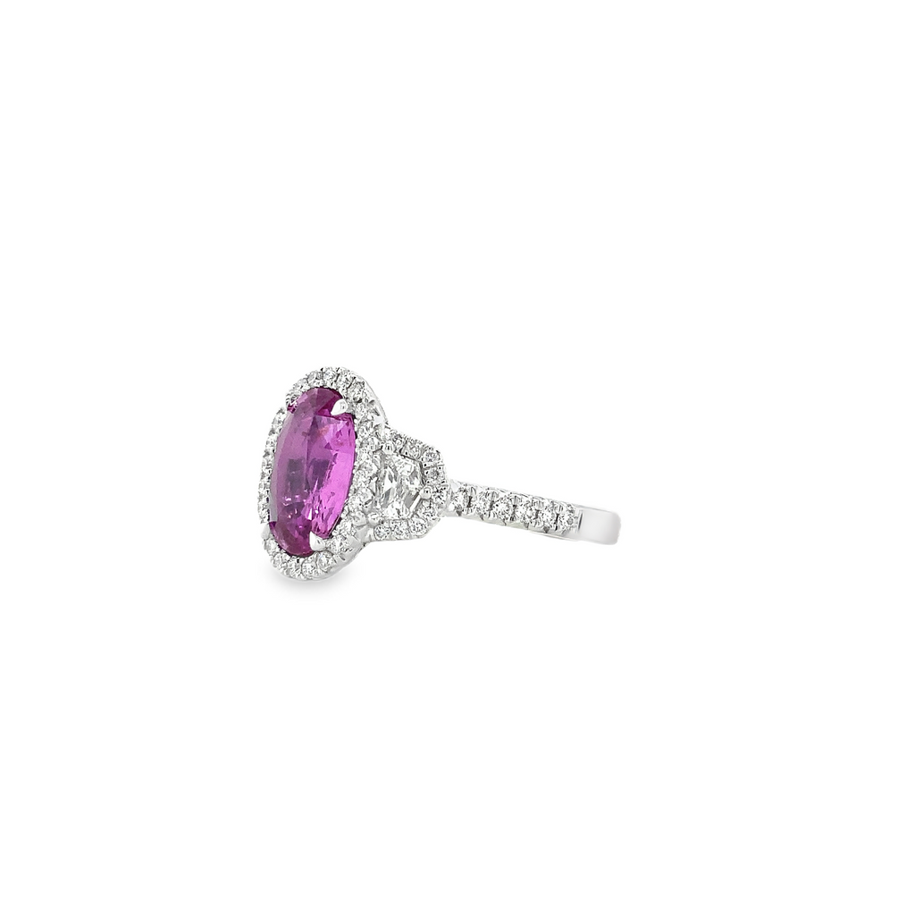 Roman + Jules Natural GIA Certified No Heat Oval Purplish-Pink Sapphire and Diamond Ring set in Platinum - Image 2 of 6