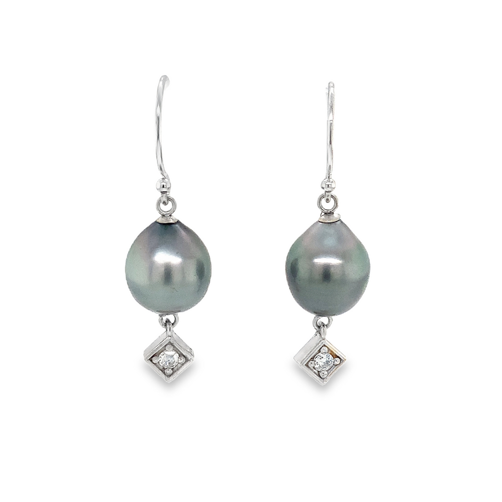 Black Tahititian Pearl and Diamond 14K White Gold Drop Style Earrings - Image 1 of 5
