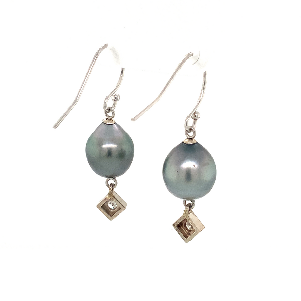 Black Tahititian Pearl and Diamond 14K White Gold Drop Style Earrings - Image 3 of 5