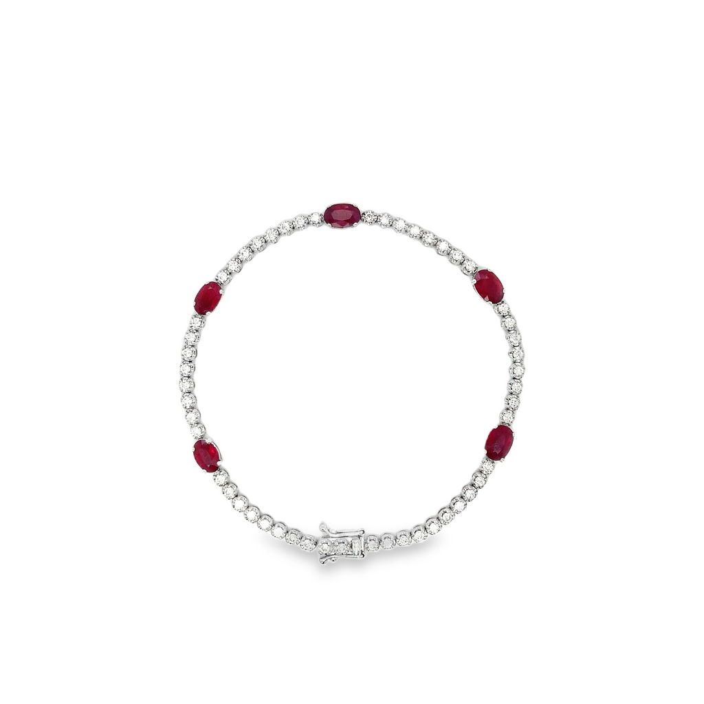 Roman + Jules Oval Shape Natural Ruby and Diamond Straight Line Bracelet Set in 14K White Gold. - Image 2 of 5