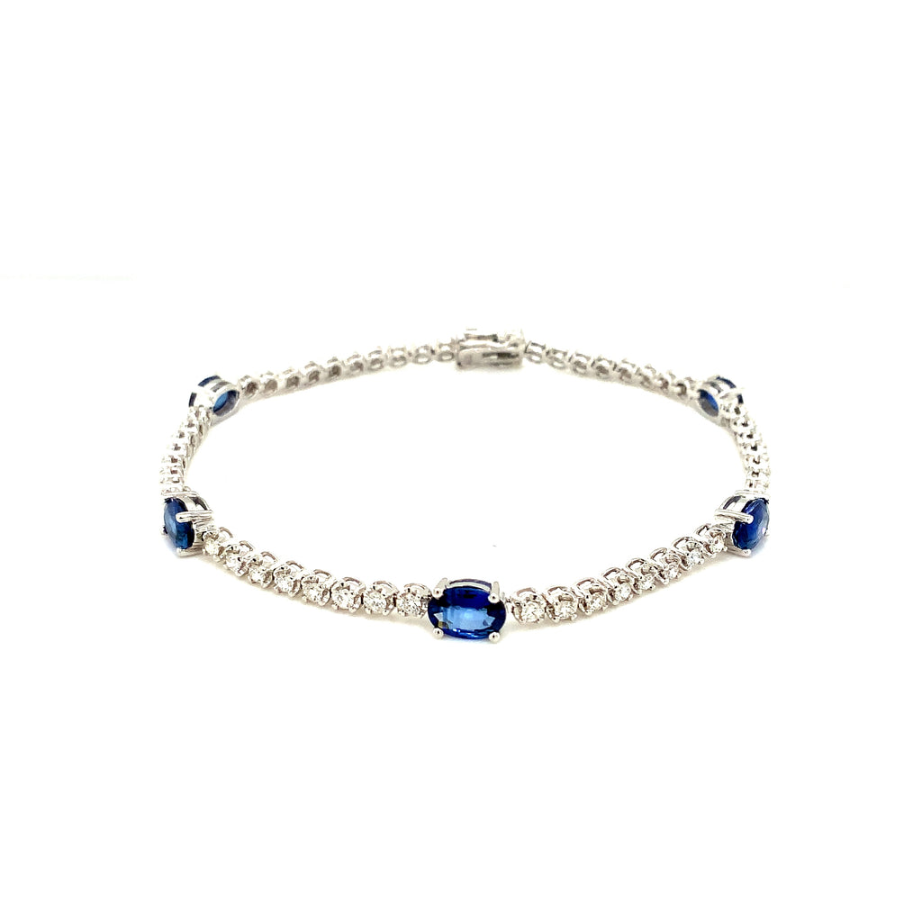Roman + Jules Oval Shape Natural Sapphire and Diamond Straight Line Bracelet Set in 14K White Gold. - Image 1 of 7