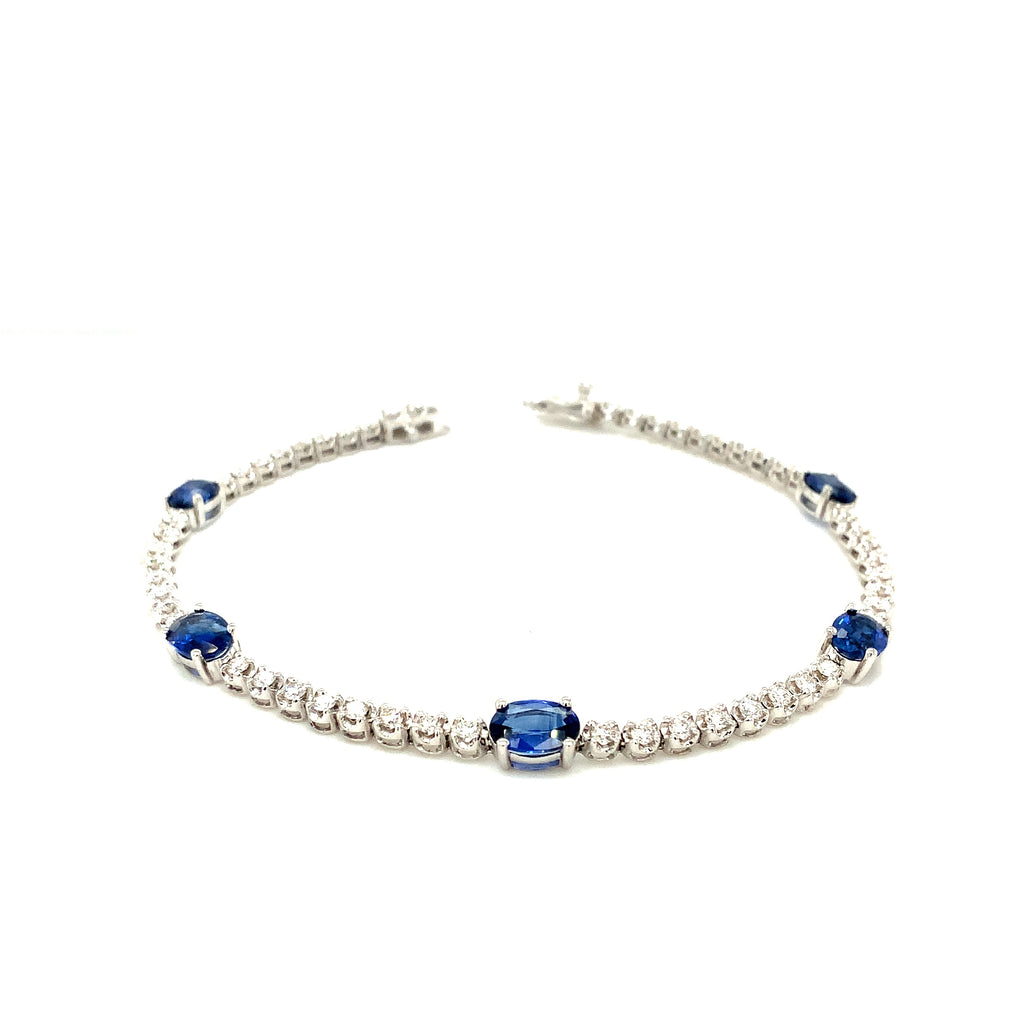 Roman + Jules Oval Shape Natural Sapphire and Diamond Straight Line Bracelet Set in 14K White Gold. - Image 5 of 7