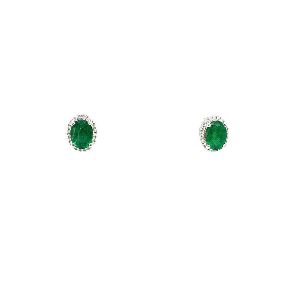 Roman + Jules Gem Quality Oval Shaped Emerald and Diamond Halo Style Earring Set in 18K W/G - Image 1 of 5