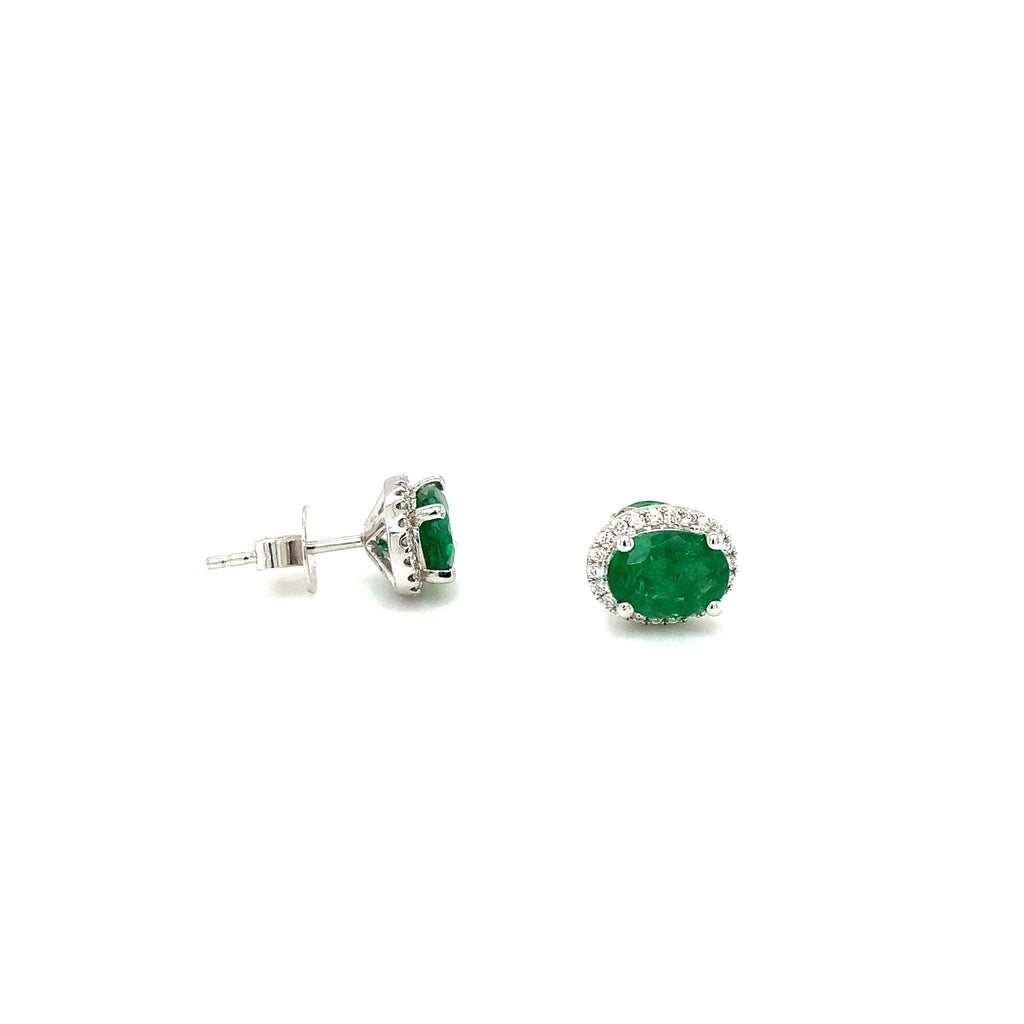 Roman + Jules Gem Quality Oval Shaped Emerald and Diamond Halo Style Earring Set in 18K W/G - Image 2 of 5