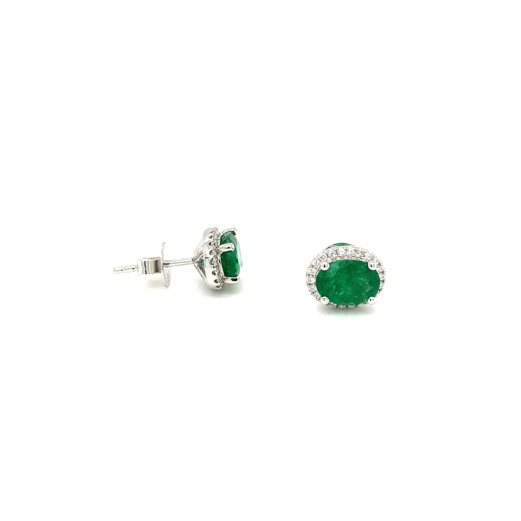 Roman + Jules Gem Quality Oval Shaped Emerald and Diamond Halo Style Earring Set in 18K W/G - Image 3 of 5