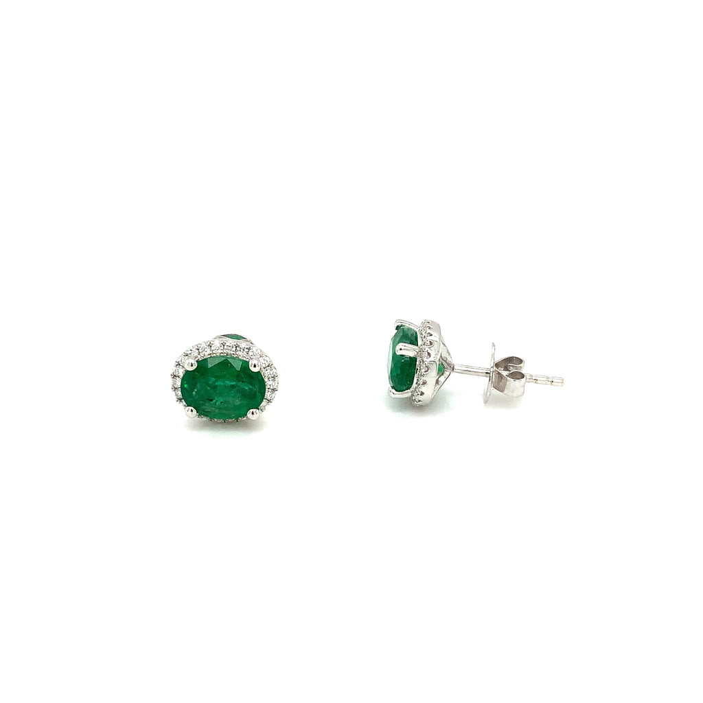 Roman + Jules Gem Quality Oval Shaped Emerald and Diamond Halo Style Earring Set in 18K W/G - Image 4 of 5