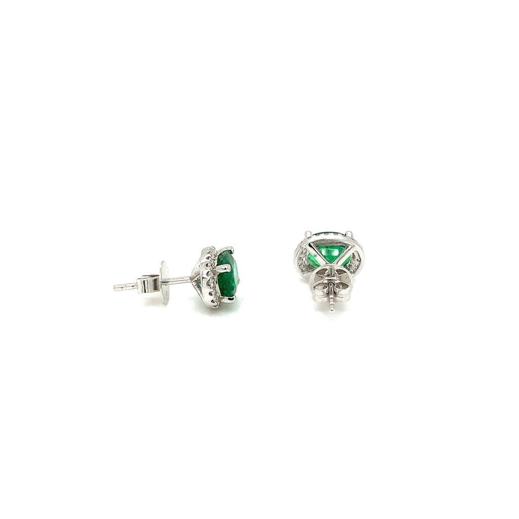 Roman + Jules Gem Quality Oval Shaped Emerald and Diamond Halo Style Earring Set in 18K W/G - Image 5 of 5