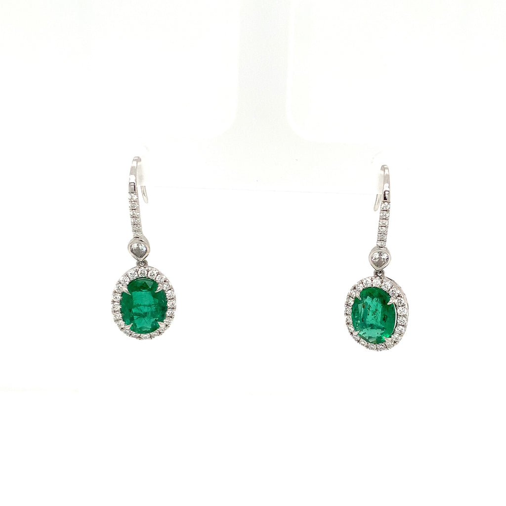 Roman + Jules Gem Quality Oval Shaped Emerald and Diamond Halo Style Drop Earring Set in 18K W/G - Image 2 of 10