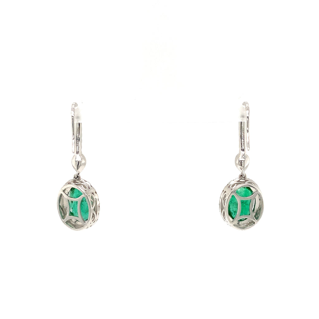 Roman + Jules Gem Quality Oval Shaped Emerald and Diamond Halo Style Drop Earring Set in 18K W/G - Image 3 of 10