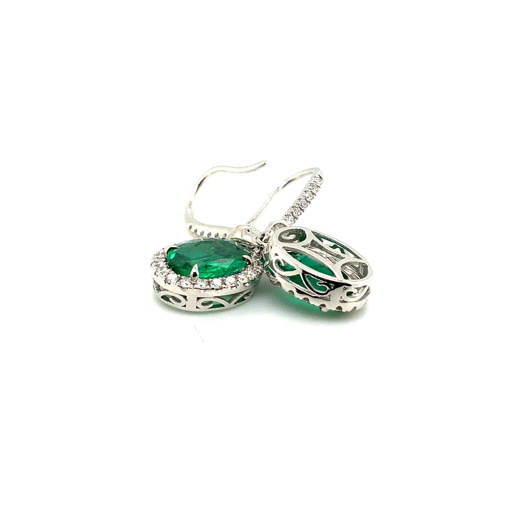 Roman + Jules Gem Quality Oval Shaped Emerald and Diamond Halo Style Drop Earring Set in 18K W/G - Image 5 of 10
