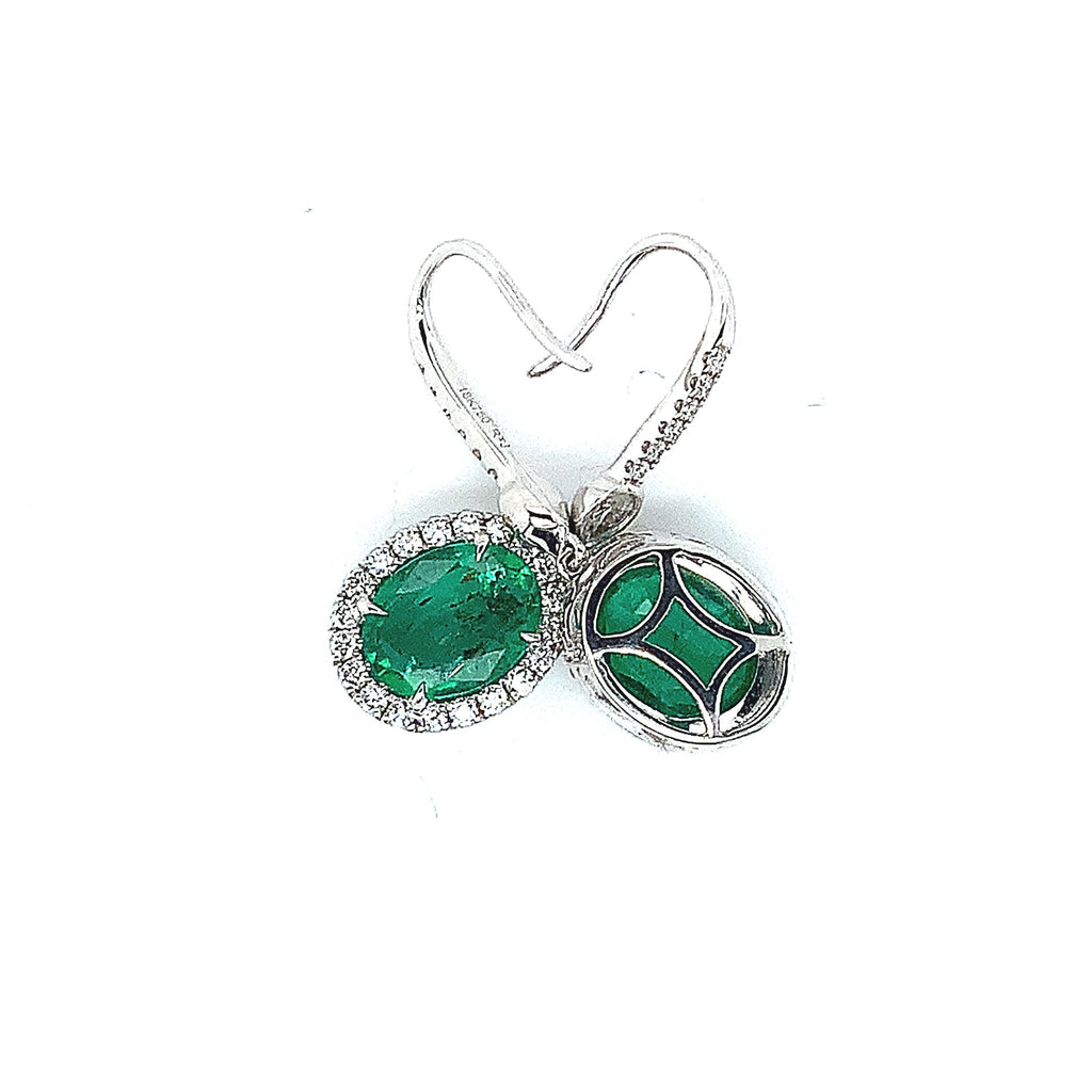 Roman + Jules Gem Quality Oval Shaped Emerald and Diamond Halo Style Drop Earring Set in 18K W/G - Image 6 of 10