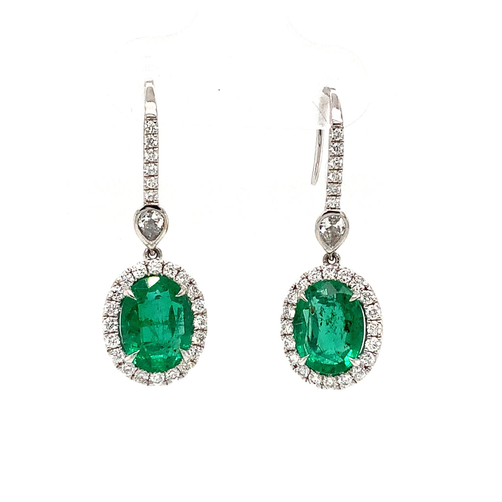 Roman + Jules Gem Quality Oval Shaped Emerald and Diamond Halo Style Drop Earring Set in 18K W/G - Image 1 of 10