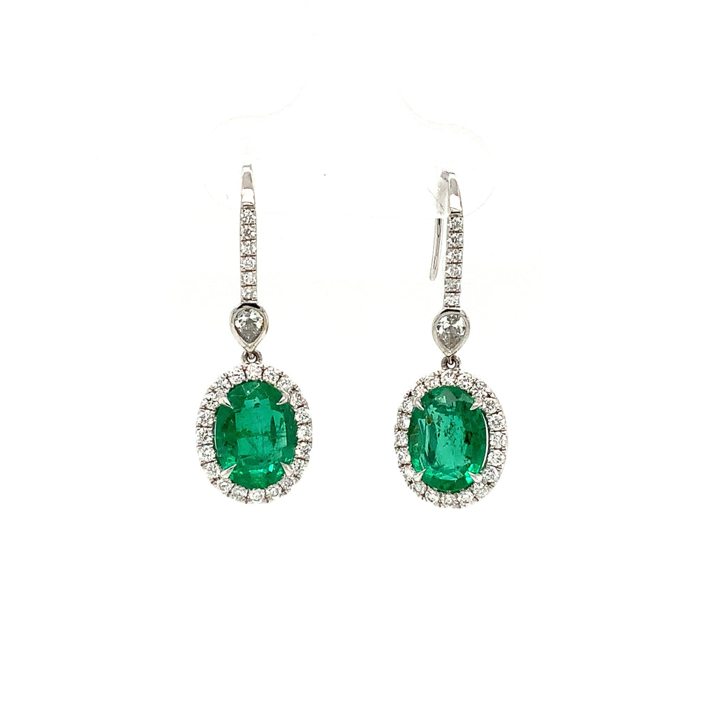 Roman + Jules Gem Quality Oval Shaped Emerald and Diamond Halo Style Drop Earring Set in 18K W/G - Image 7 of 10