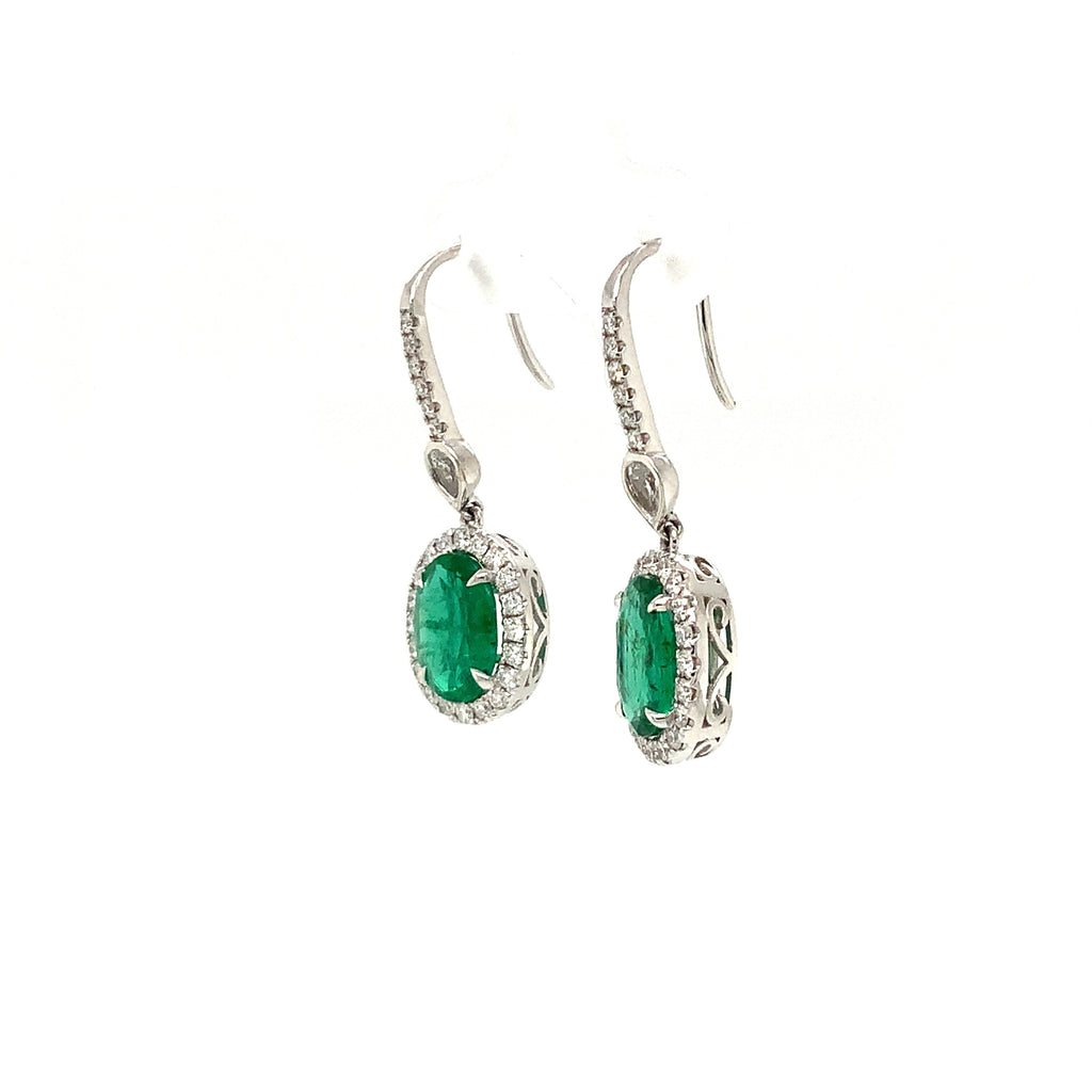 Roman + Jules Gem Quality Oval Shaped Emerald and Diamond Halo Style Drop Earring Set in 18K W/G - Image 8 of 10