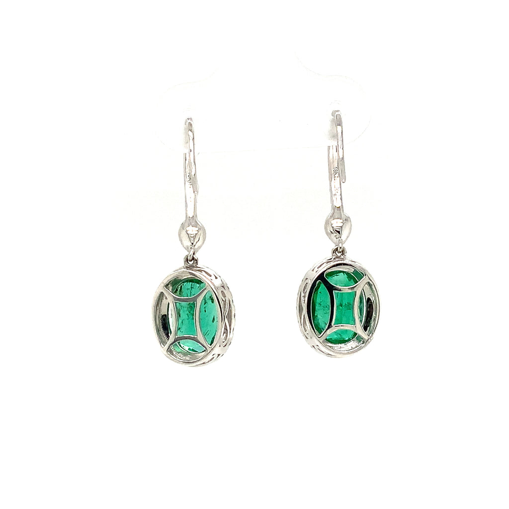 Roman + Jules Gem Quality Oval Shaped Emerald and Diamond Halo Style Drop Earring Set in 18K W/G - Image 9 of 10