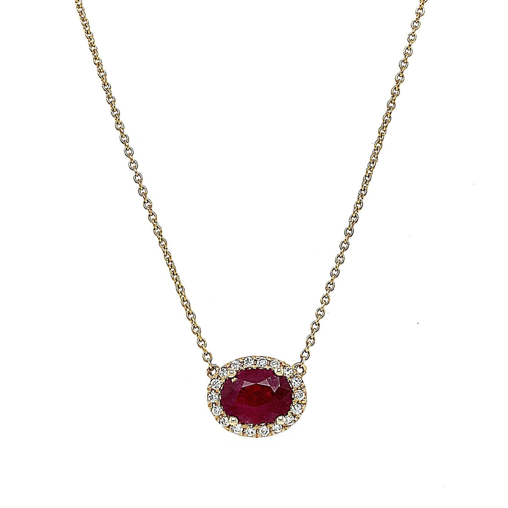 Roman + Jules Elegant East-West Necklace featuring a Oval shaped Ruby and Diamond Halo Set in 14K Yellow Gold - Image 3 of 8
