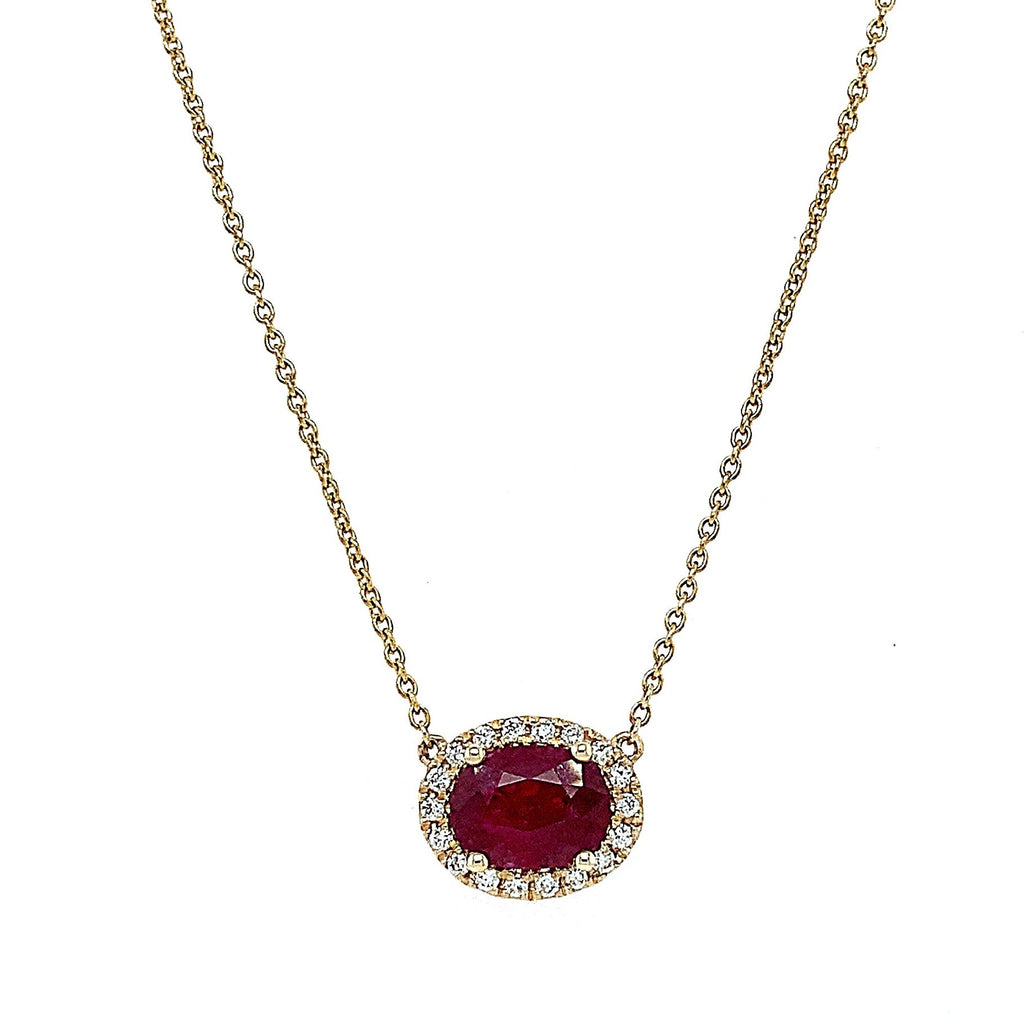 Roman + Jules Elegant East-West Necklace featuring a Oval shaped Ruby and Diamond Halo Set in 14K Yellow Gold - Image 8 of 8