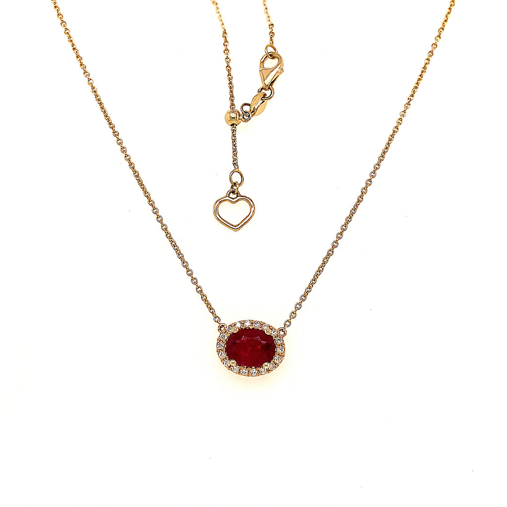 Roman + Jules Elegant East-West Necklace featuring a Oval shaped Ruby and Diamond Halo Set in 14K Yellow Gold - Image 4 of 8