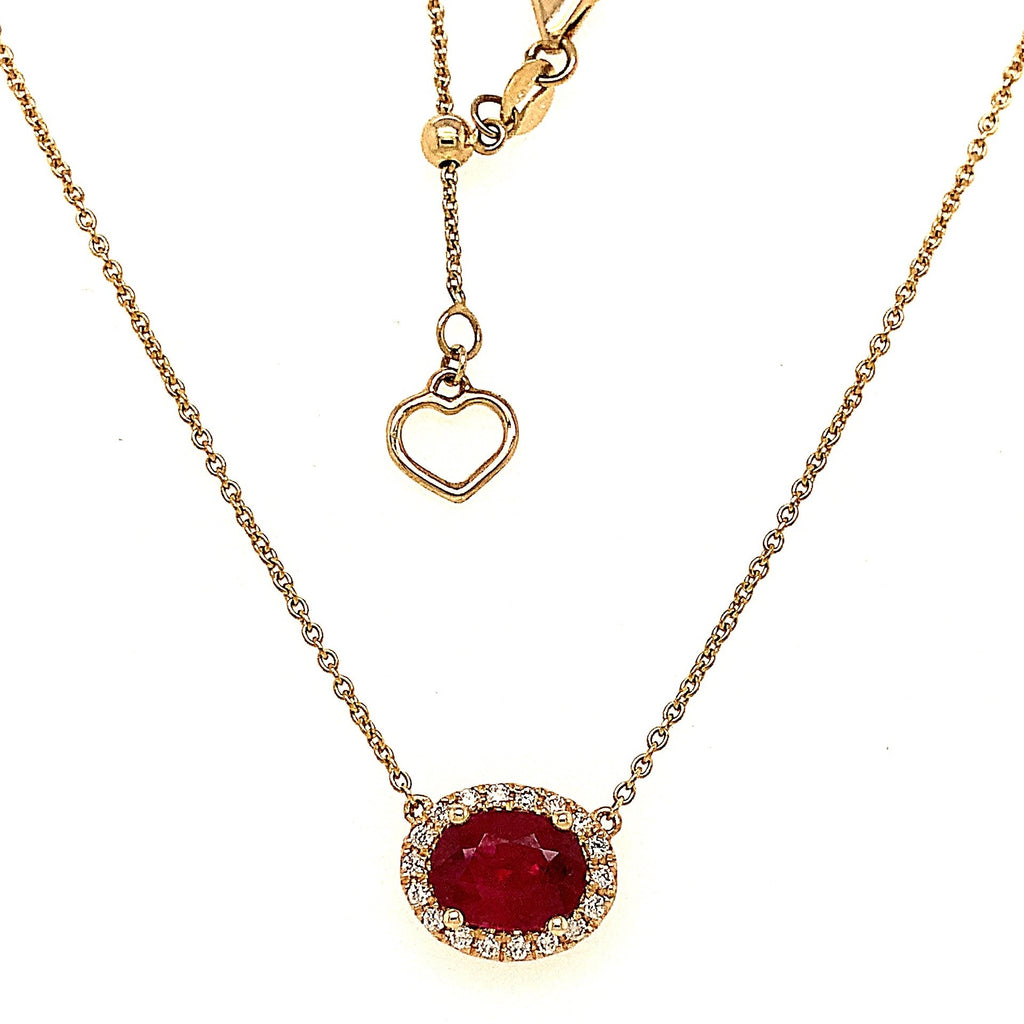 Roman + Jules Elegant East-West Necklace featuring a Oval shaped Ruby and Diamond Halo Set in 14K Yellow Gold - Image 5 of 8