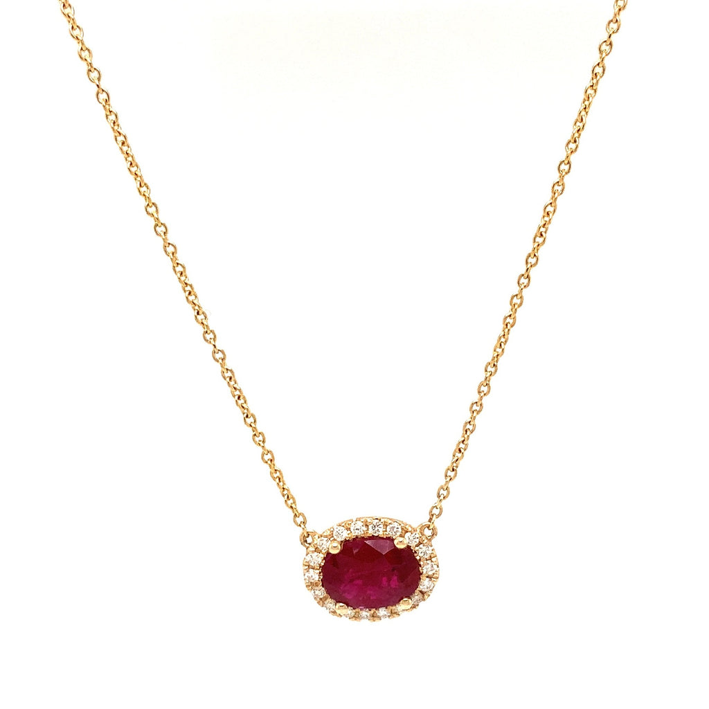 Roman + Jules Elegant East-West Necklace featuring a Oval shaped Ruby and Diamond Halo Set in 14K Yellow Gold - Image 1 of 8
