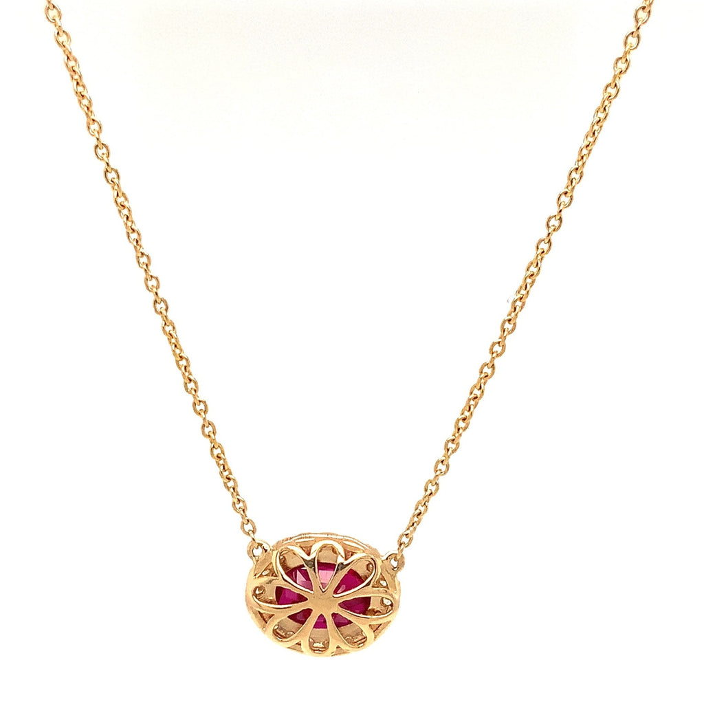 Roman + Jules Elegant East-West Necklace featuring a Oval shaped Ruby and Diamond Halo Set in 14K Yellow Gold - Image 2 of 8