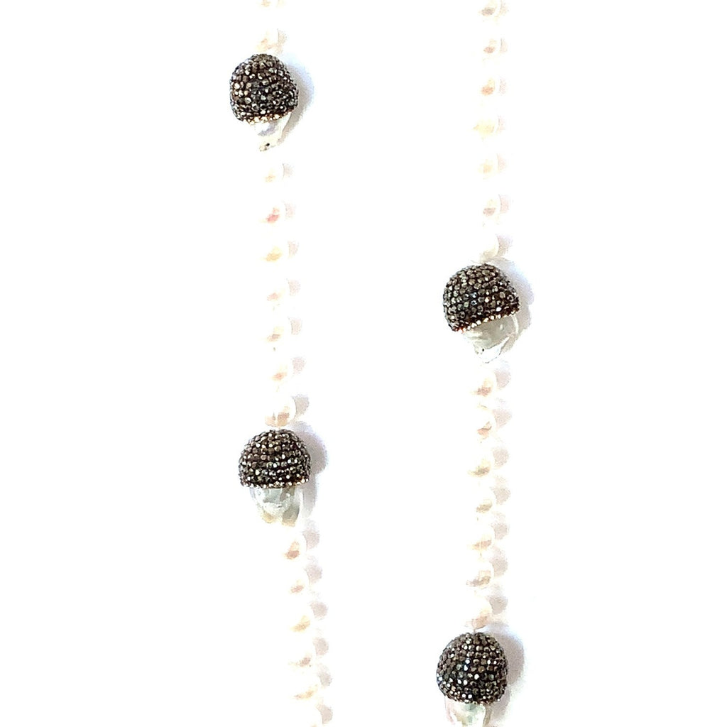 White Cultured Freshwater Pearl Necklace with Black Diamonds Paved Bead Sterling Silver - Image 10 of 10