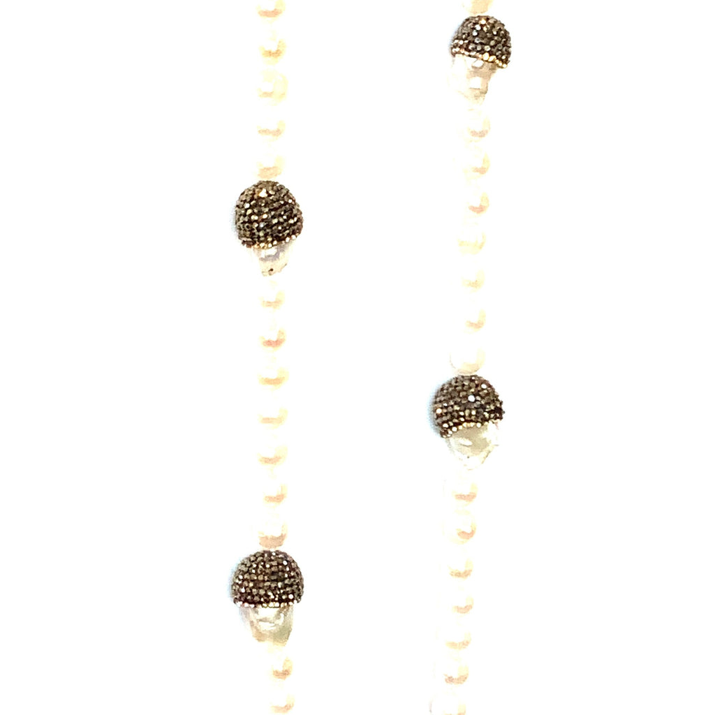 White Cultured Freshwater Pearl Necklace with Black Diamonds Paved Bead Sterling Silver - Image 9 of 10