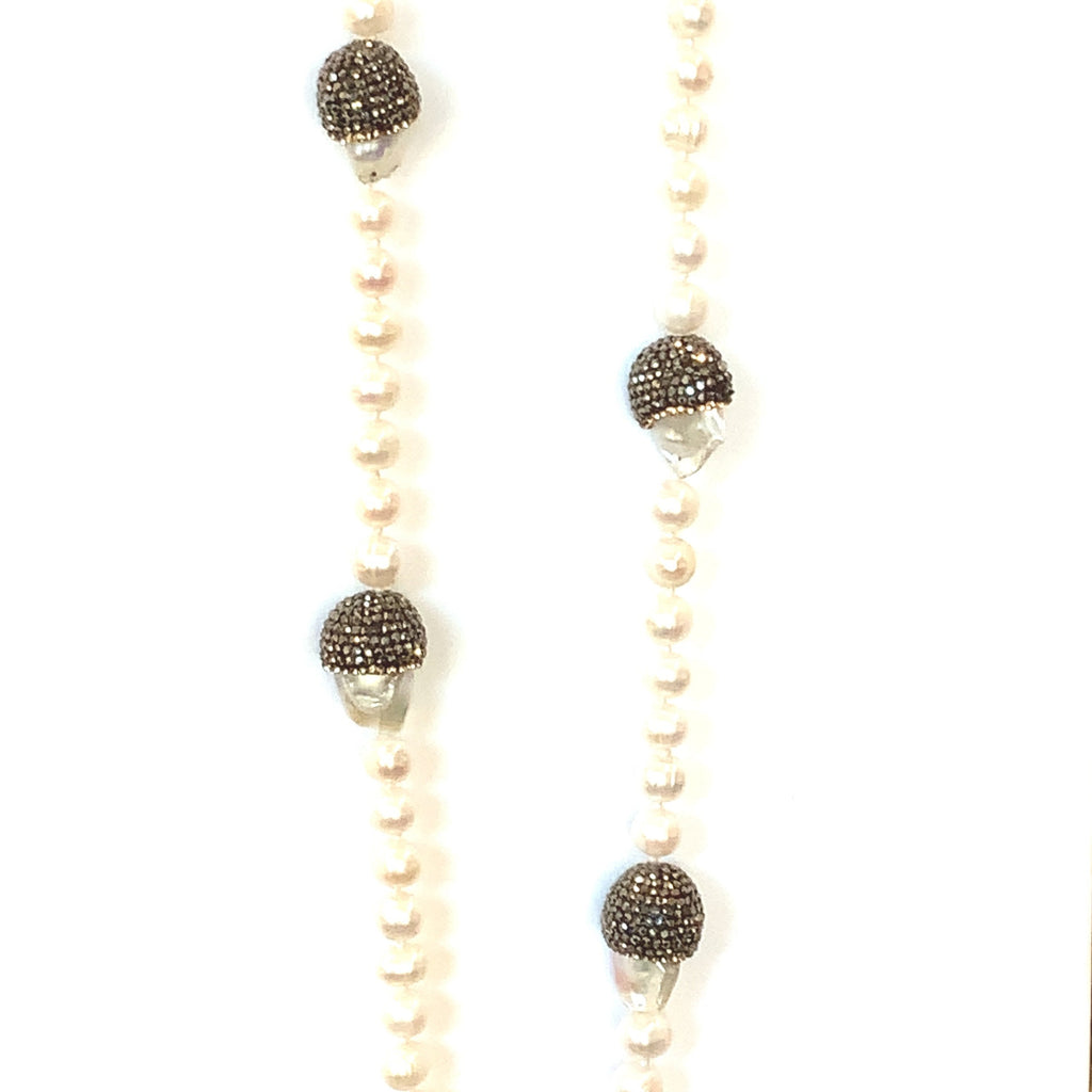White Cultured Freshwater Pearl Necklace with Black Diamonds Paved Bead Sterling Silver - Image 8 of 10