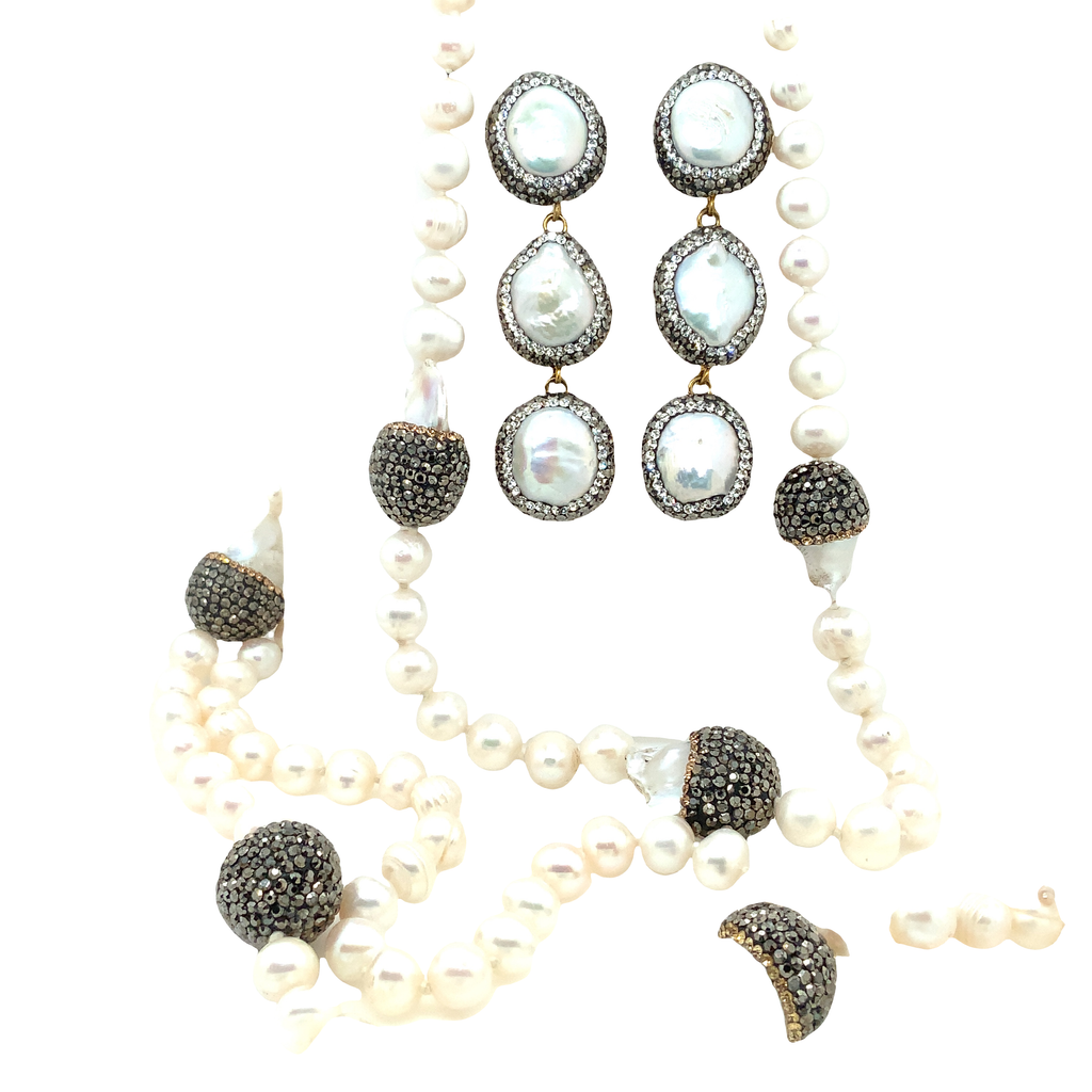 White Cultured Freshwater Pearl Necklace with Black Diamonds Paved Bead Sterling Silver - Image 6 of 10