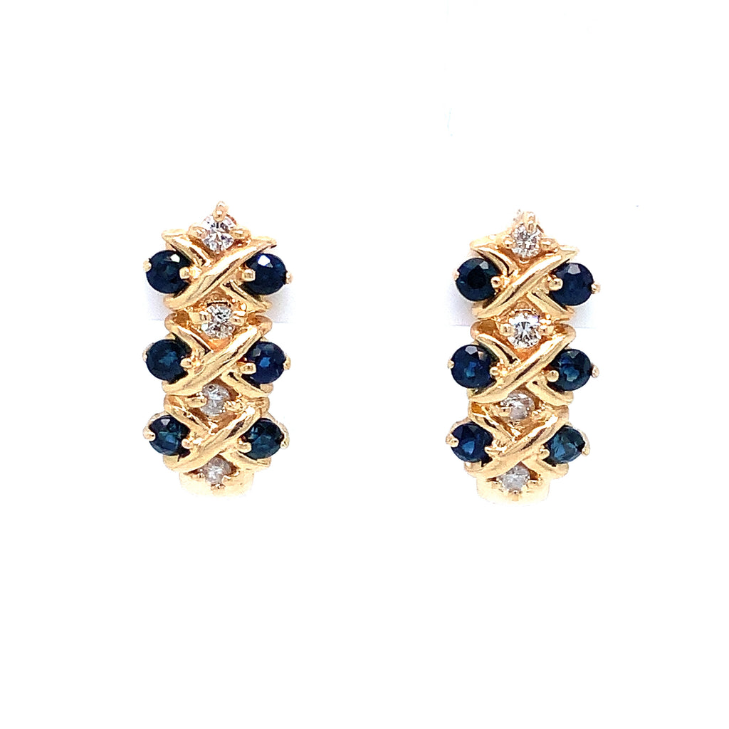Blue Sapphire and Round Brilliant Cut Diamond J Hoop Earrings in 14K Yellow Gold - Image 1 of 8