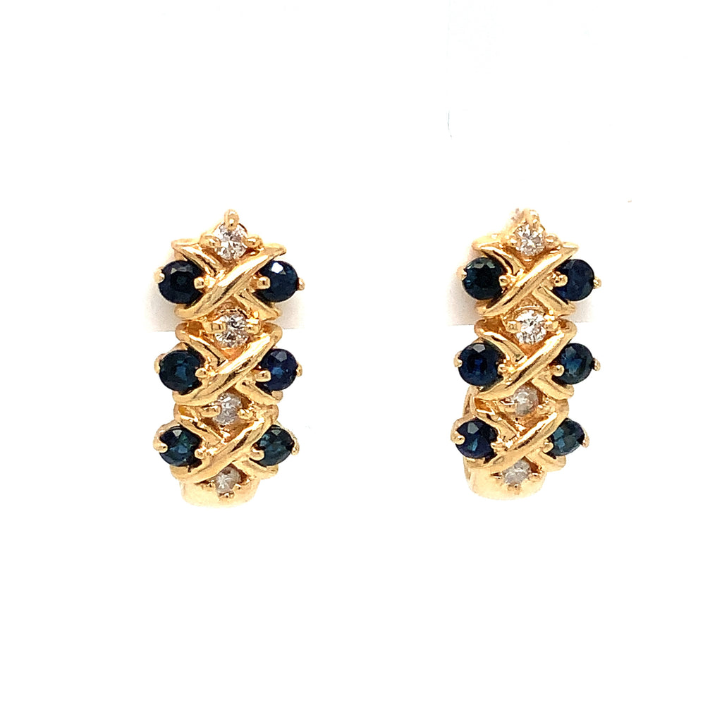 Blue Sapphire and Round Brilliant Cut Diamond J Hoop Earrings in 14K Yellow Gold - Image 2 of 8