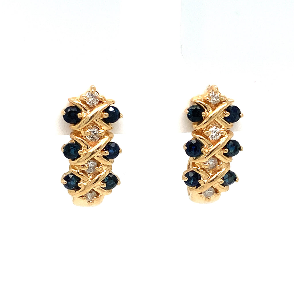 Blue Sapphire and Round Brilliant Cut Diamond J Hoop Earrings in 14K Yellow Gold - Image 3 of 8