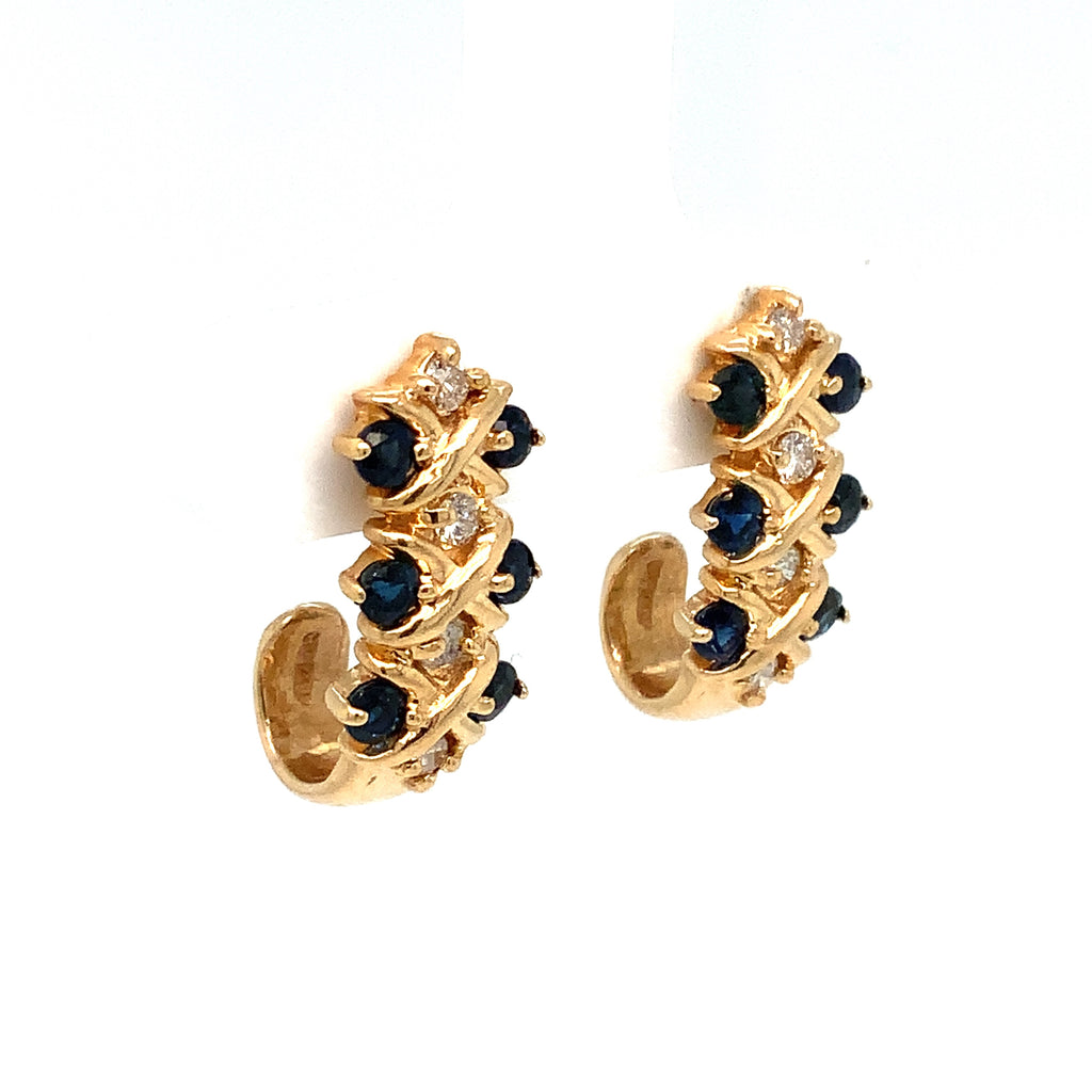 Blue Sapphire and Round Brilliant Cut Diamond J Hoop Earrings in 14K Yellow Gold - Image 4 of 8