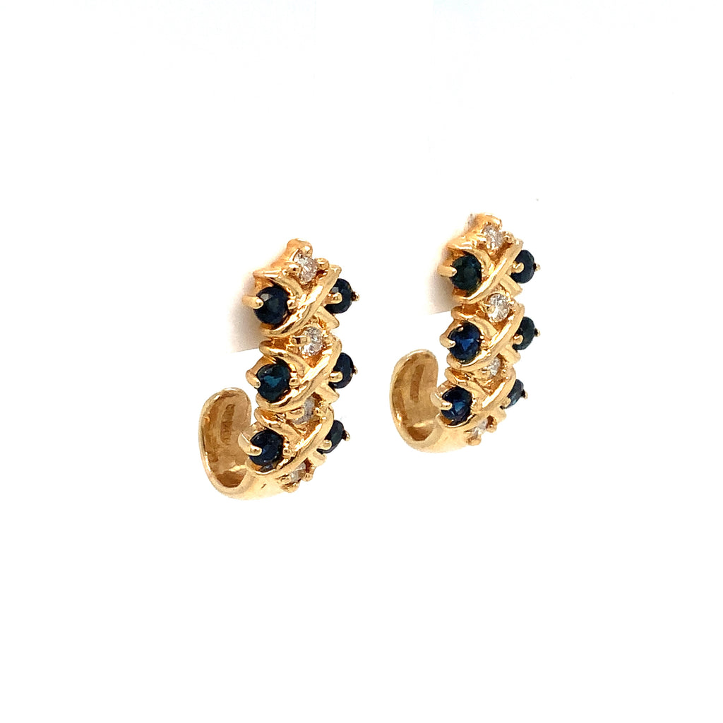 Blue Sapphire and Round Brilliant Cut Diamond J Hoop Earrings in 14K Yellow Gold - Image 5 of 8