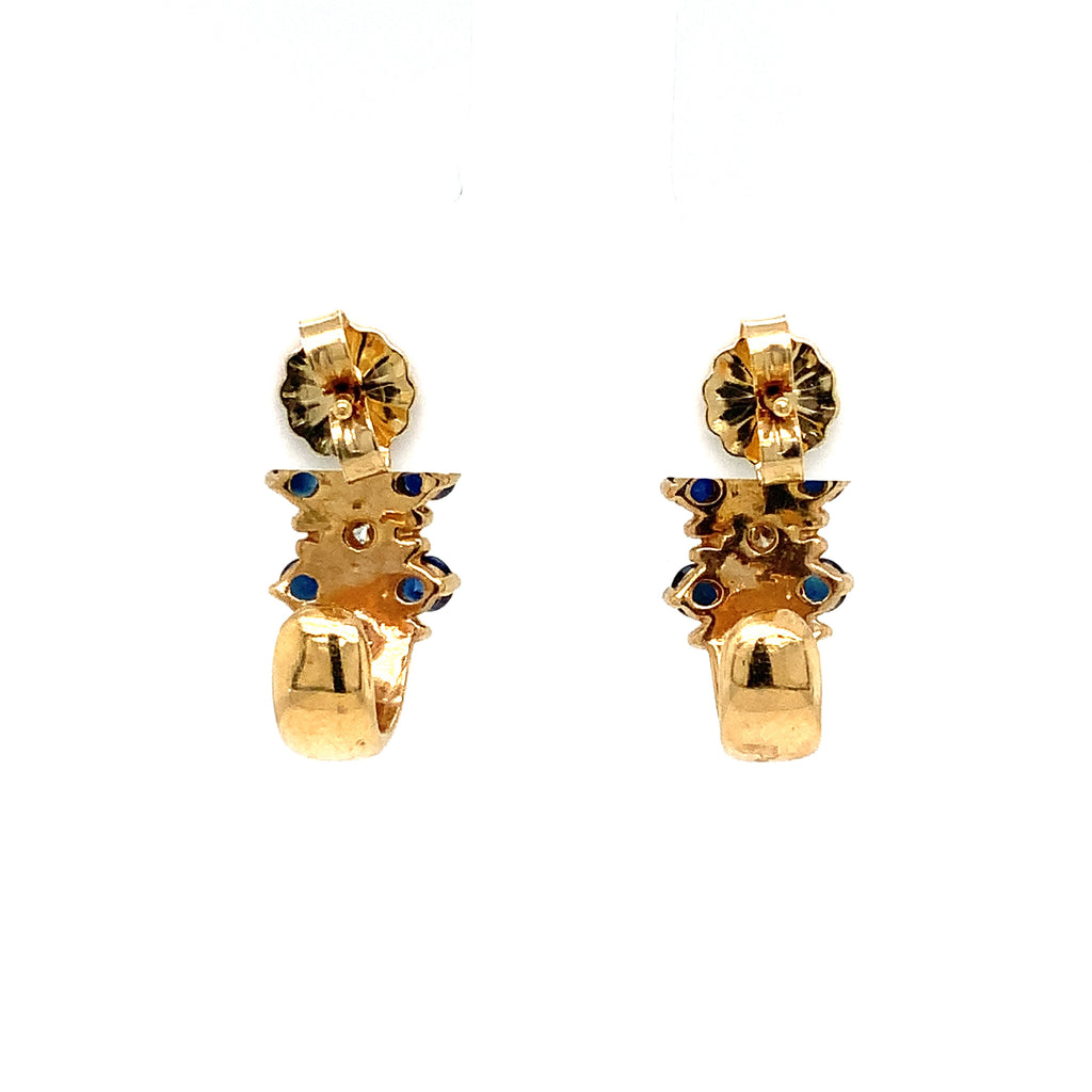 Blue Sapphire and Round Brilliant Cut Diamond J Hoop Earrings in 14K Yellow Gold - Image 7 of 8