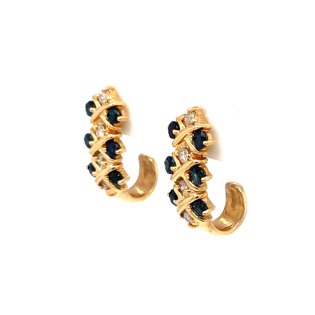 Blue Sapphire and Round Brilliant Cut Diamond J Hoop Earrings in 14K Yellow Gold - Image 8 of 8
