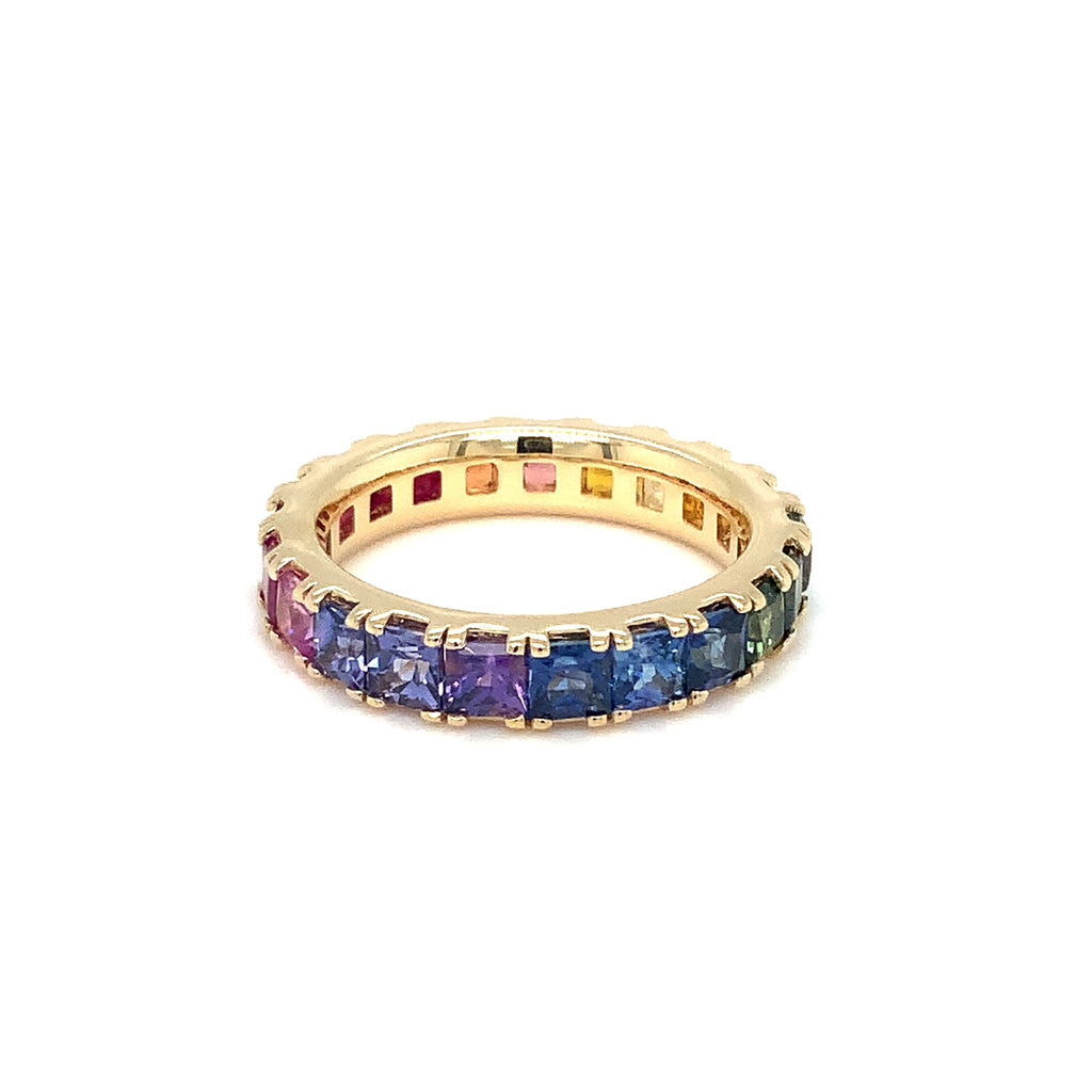 Princess Cut Multi Color Sapphire Eternity Band in 18 kt Yellow Gold - Image 1 of 8