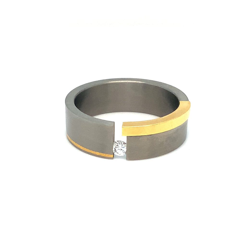 One of a Kind Tension setting Titanium and 18K Yellow Gold with Diamond Ring Wedding Band - Image 1 of 5