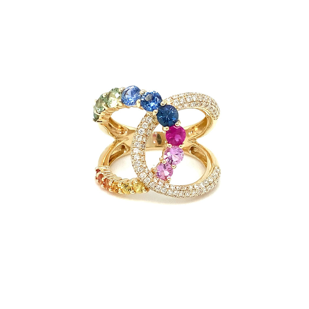 Roman+Jules Multicolor Rainbow Sapphire and Pave Diamond Ring set in 14K Yellow Gold. - Image 5 of 5