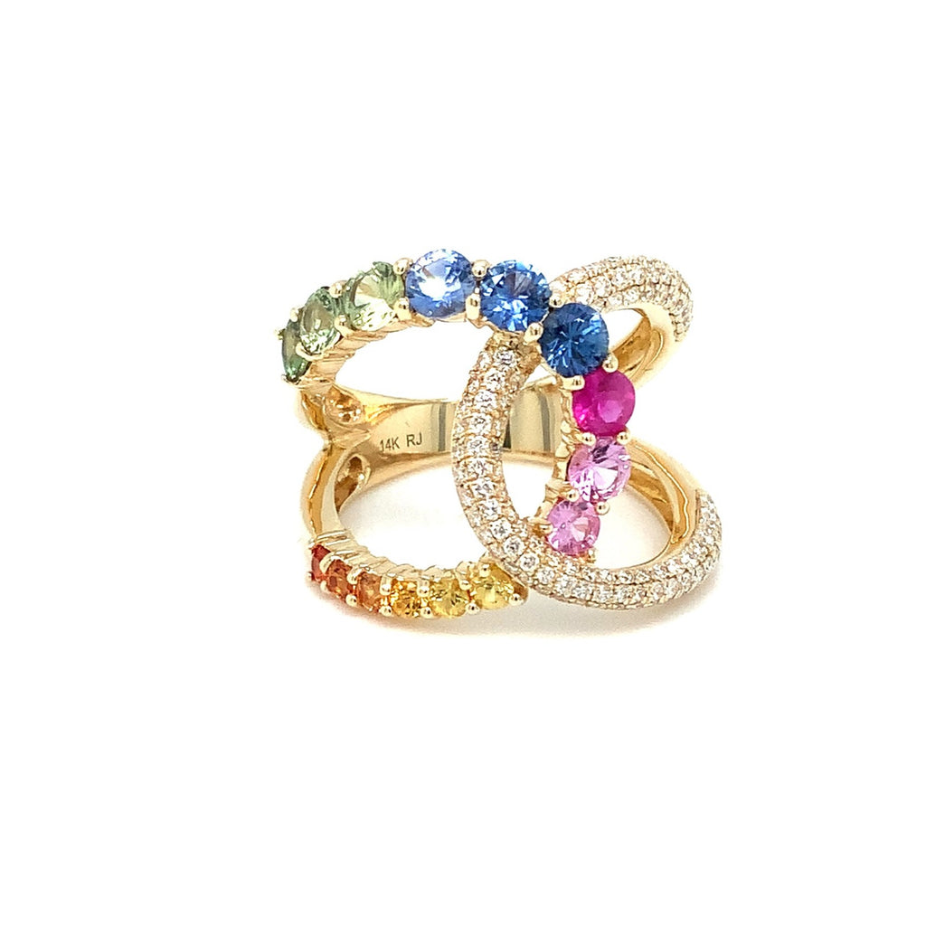 Roman+Jules Multicolor Rainbow Sapphire and Pave Diamond Ring set in 14K Yellow Gold. - Image 4 of 5