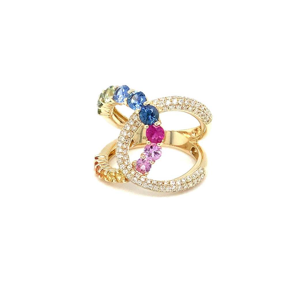 Roman+Jules Multicolor Rainbow Sapphire and Pave Diamond Ring set in 14K Yellow Gold. - Image 3 of 5