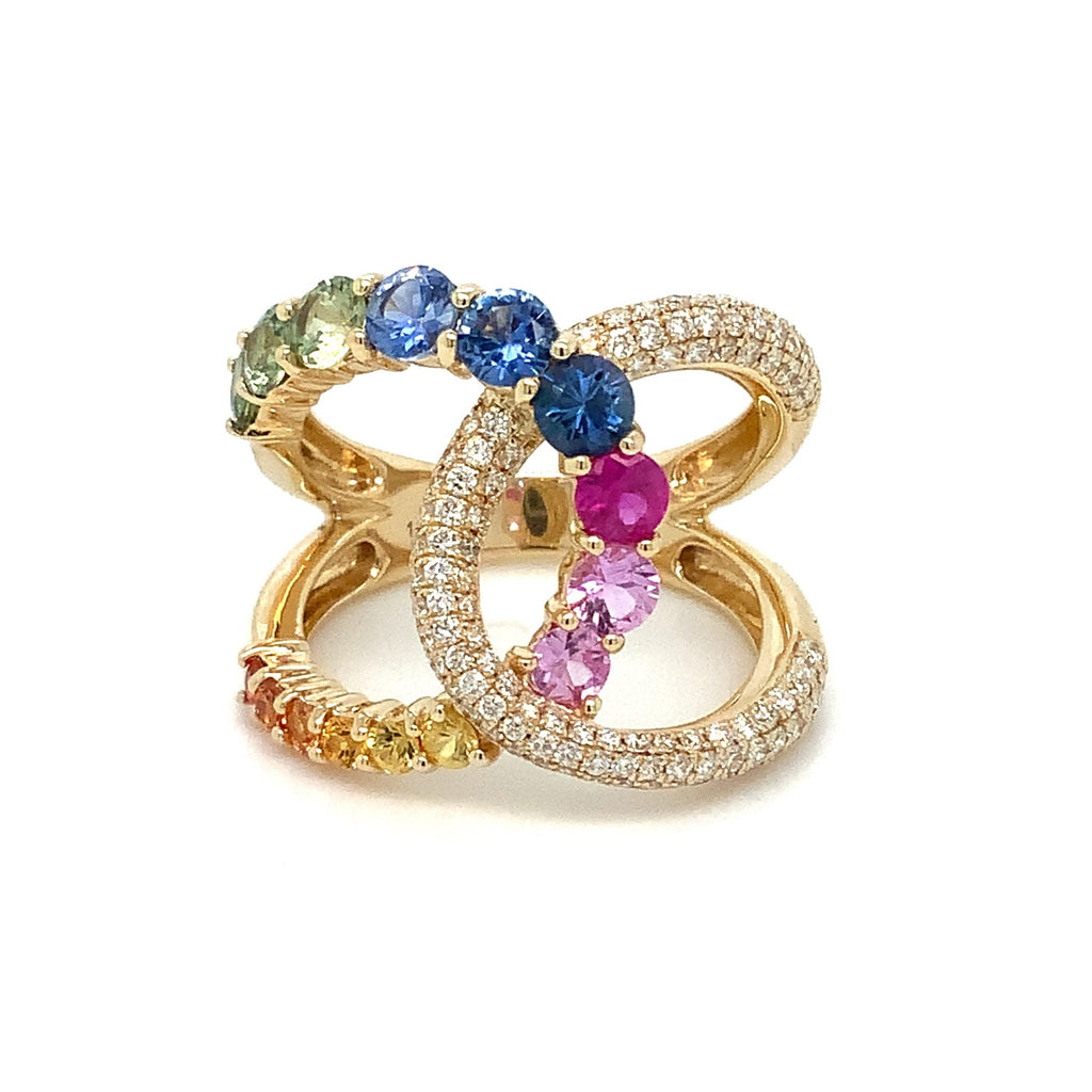 Roman+Jules Multicolor Rainbow Sapphire and Pave Diamond Ring set in 14K Yellow Gold. - Image 1 of 5