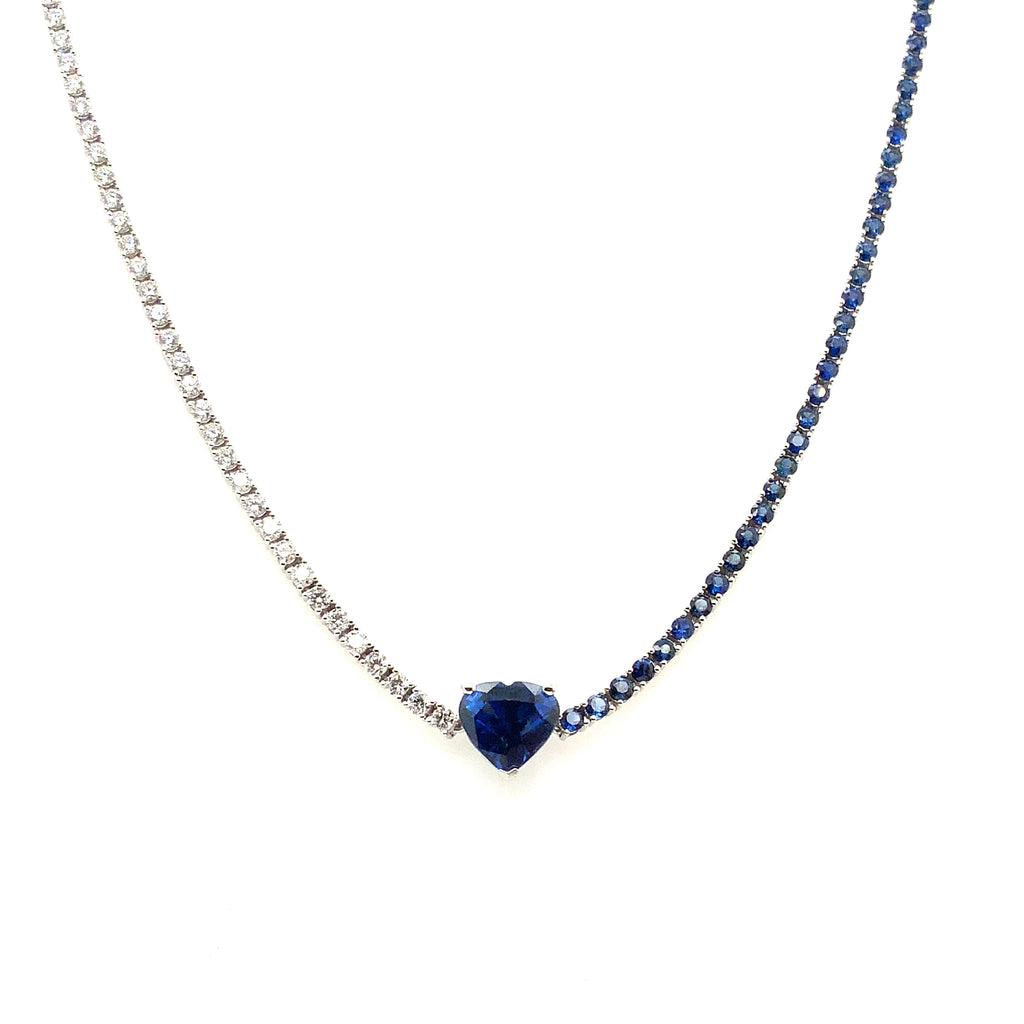 Roman+Jules GIA Certified Heart Shape Blue Sapphire and Diamond Necklace set in 18K White Gold - Image 1 of 7