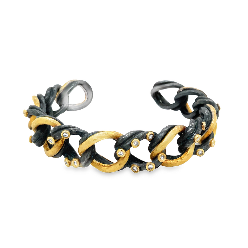 Lika Behar One of a Kind, Yin and Yang Carol Collection Diamond Open Cuff in 24K Gold and Sterling Silver - Image 2 of 7