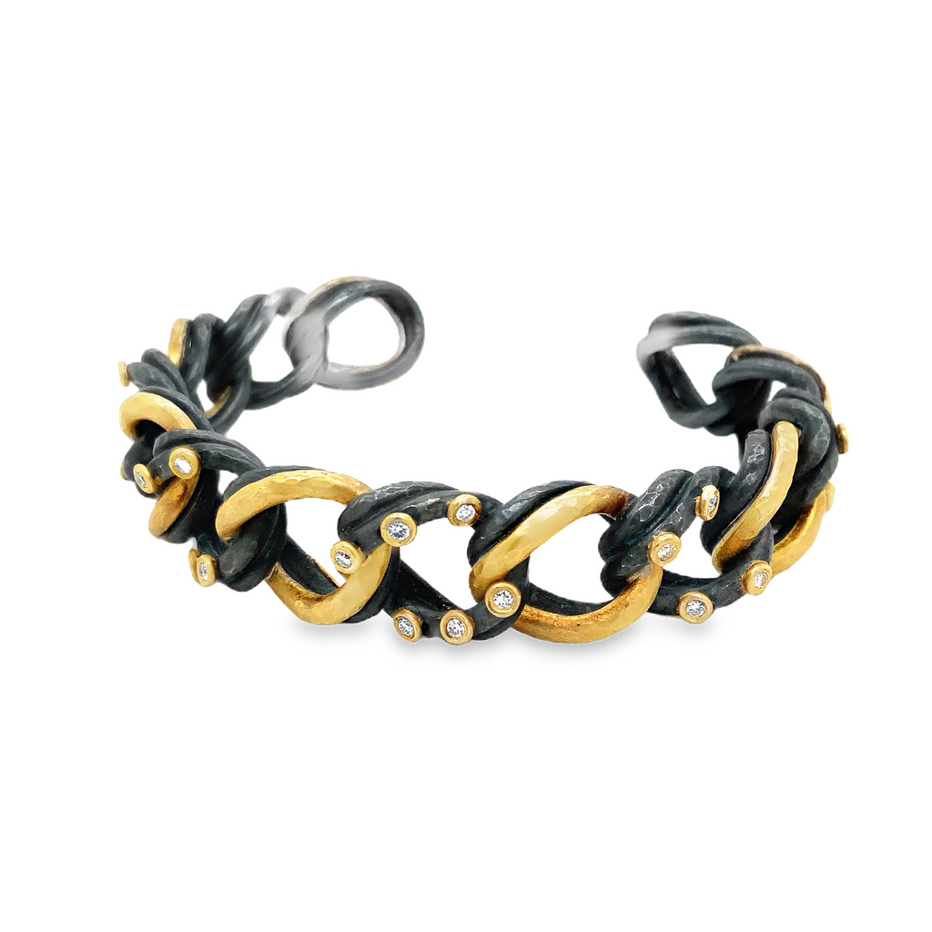 Lika Behar One of a Kind, Yin and Yang Carol Collection Diamond Open Cuff in 24K Gold and Sterling Silver - Image 3 of 7