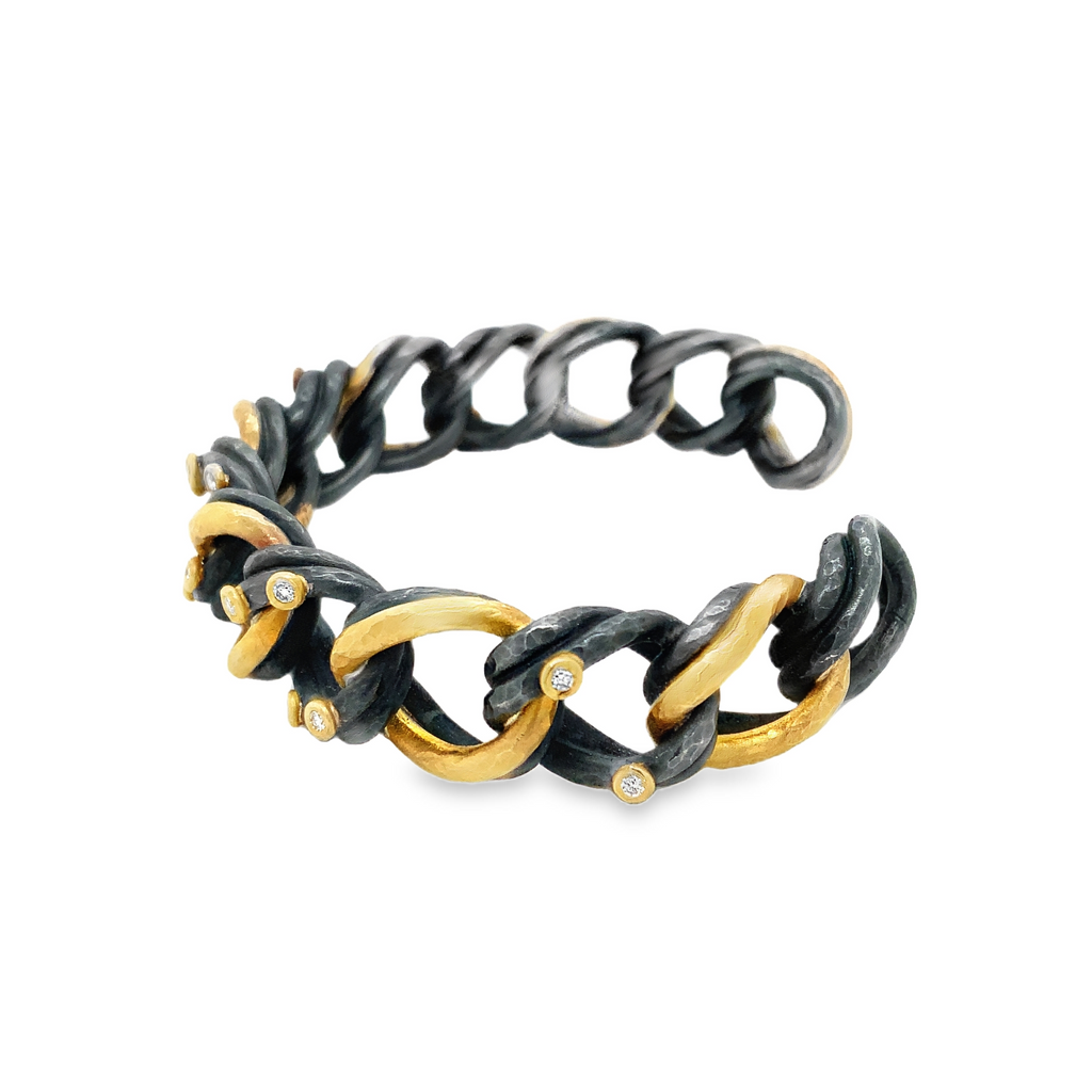 Lika Behar One of a Kind, Yin and Yang Carol Collection Diamond Open Cuff in 24K Gold and Sterling Silver - Image 6 of 7