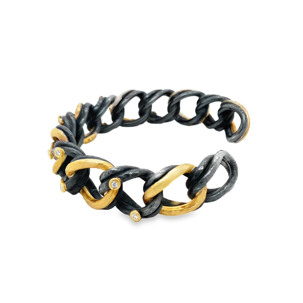 Lika Behar One of a Kind, Yin and Yang Carol Collection Diamond Open Cuff in 24K Gold and Sterling Silver - Image 7 of 7