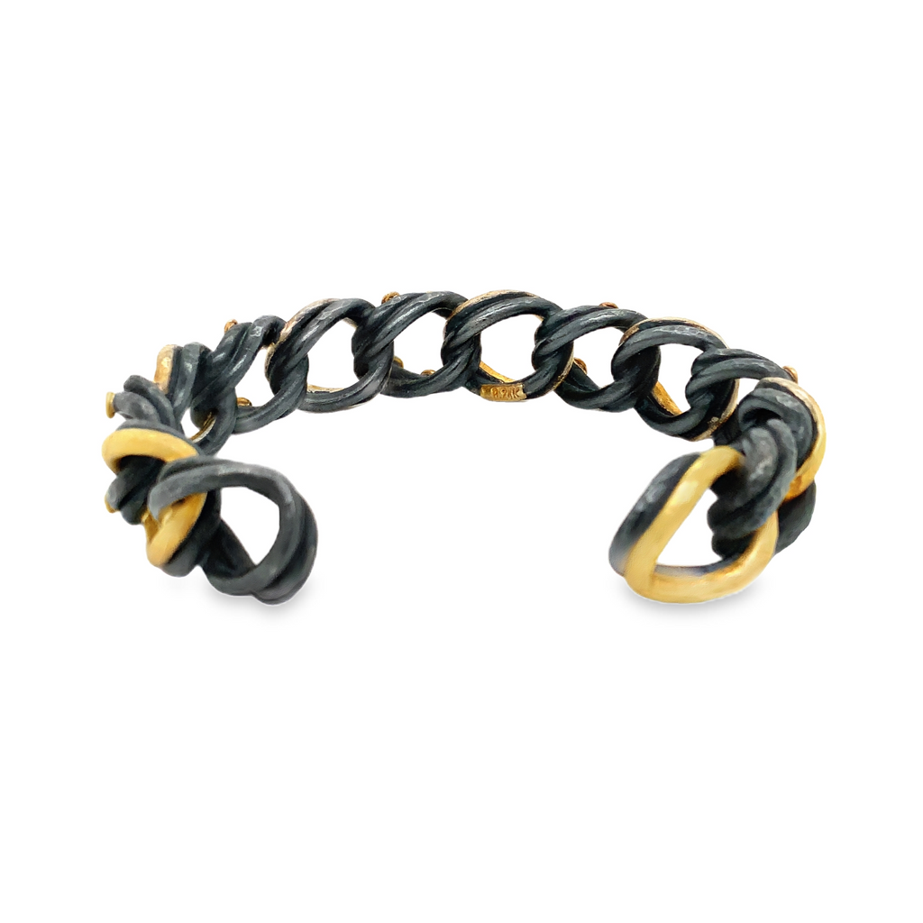 Lika Behar One of a Kind, Yin and Yang Carol Collection Diamond Open Cuff in 24K Gold and Sterling Silver - Image 4 of 7
