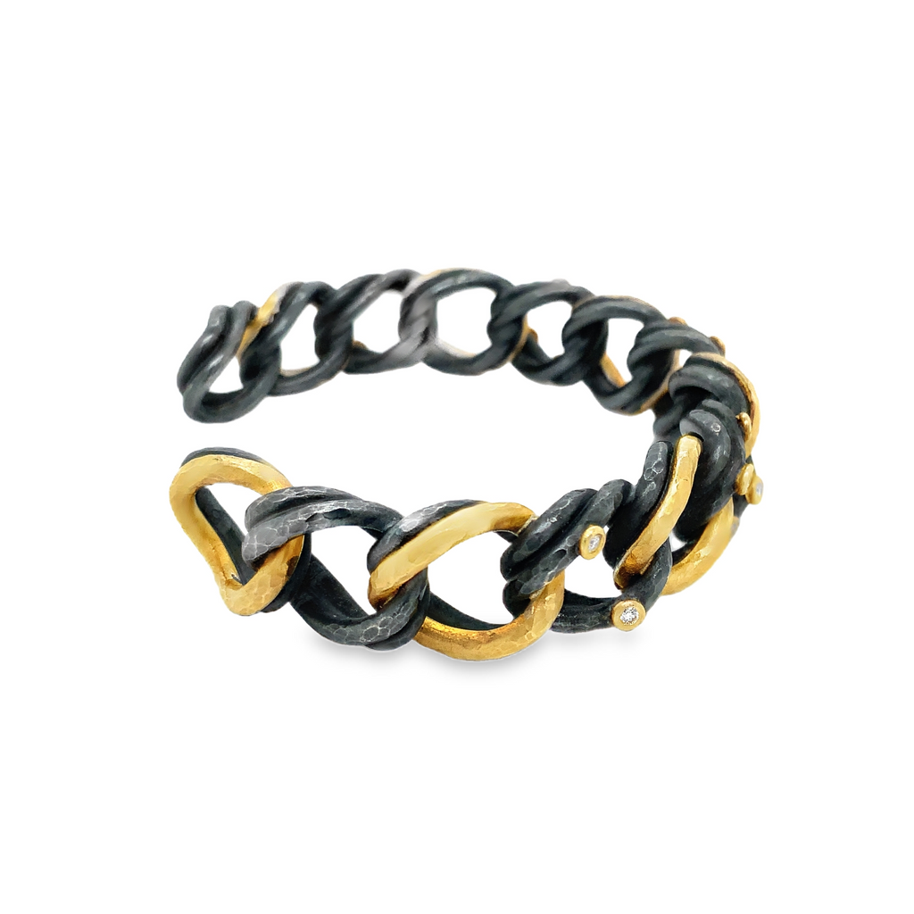 Lika Behar One of a Kind, Yin and Yang Carol Collection Diamond Open Cuff in 24K Gold and Sterling Silver - Image 5 of 7